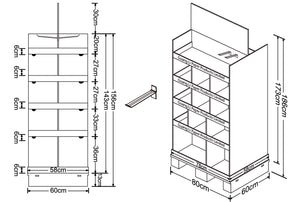 Cardboard Pallet Shelves Display, 2 Sides, Removable Header, Adjustable Partitions, Plastic Peg Hooks