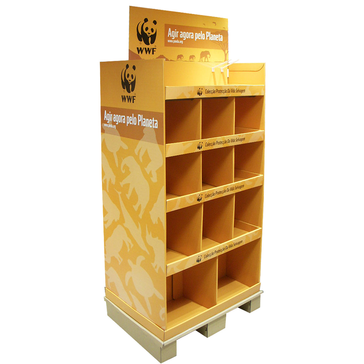 Cardboard Pallet Shelves Display, 2 Sides, Removable Header, Adjustable Partitions, Plastic Peg Hooks