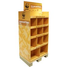 Cardboard Pallet Shelves Display, 2 Sides, Removable Header, Adjustable Partitions, Plastic Peg Hooks