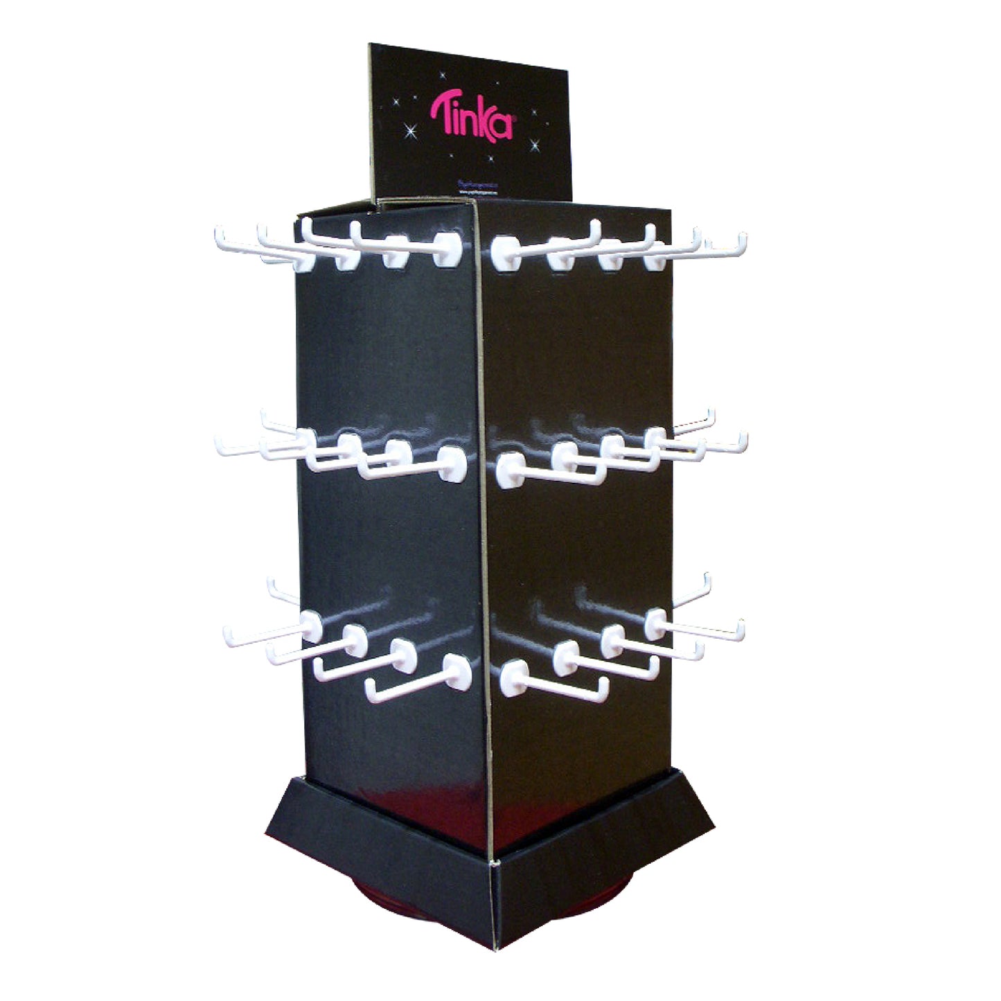 Cardboard Countertop Display with turnable base, 4 sided, 48 White Peg Hooks
