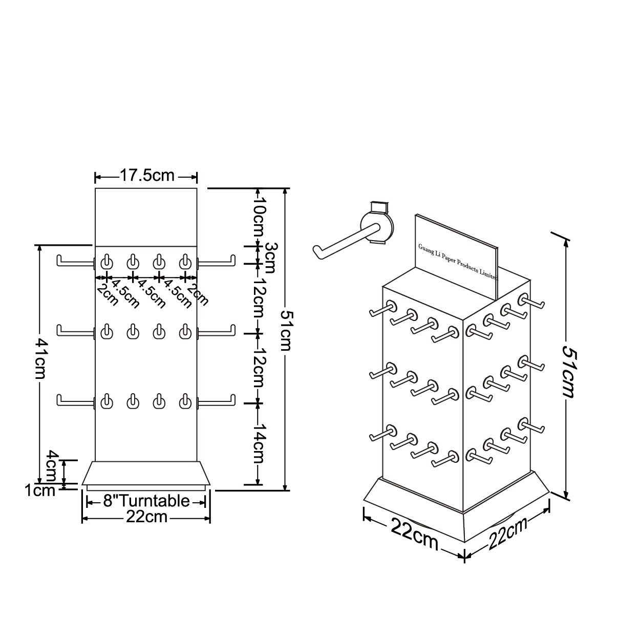 Cardboard Countertop Display with turnable base, 4 sided, 48 White Peg Hooks