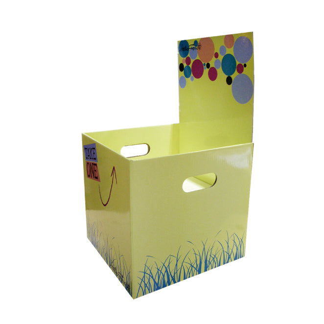 Cardboard Dump Bin for Floor, Removable Header, Handle